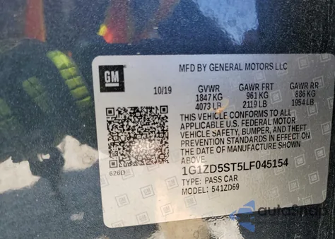 2020 Chevrolet Malibu Lt из США, поврежденный, VIN 1G1ZD5ST5LF045154